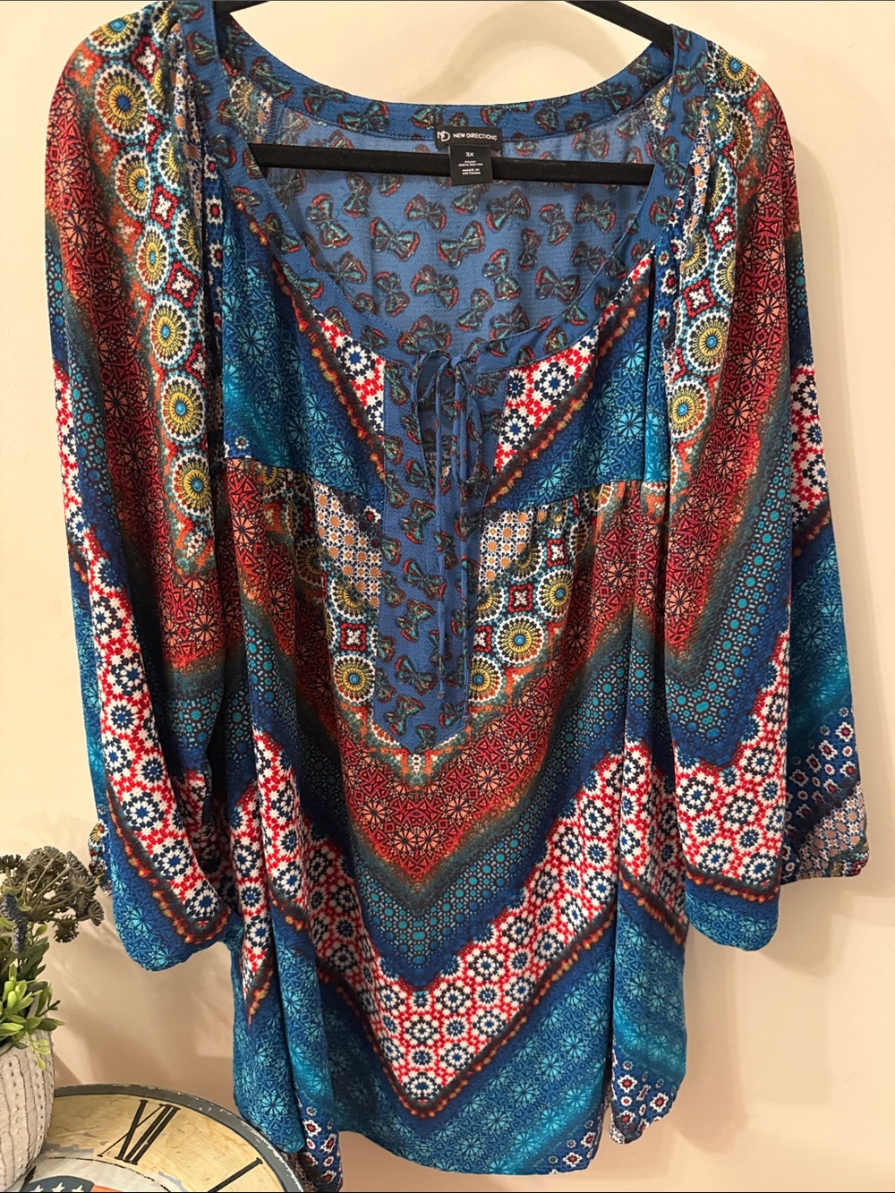 New Directions Blue Multi-Print Lace-Up Peasant Blouse BOHO 3X